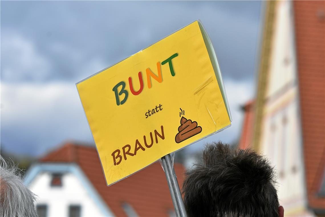 BUNT STATT BRAUN steht auf dem Schild. Demonstration und Kundgebung gegen Rechts...