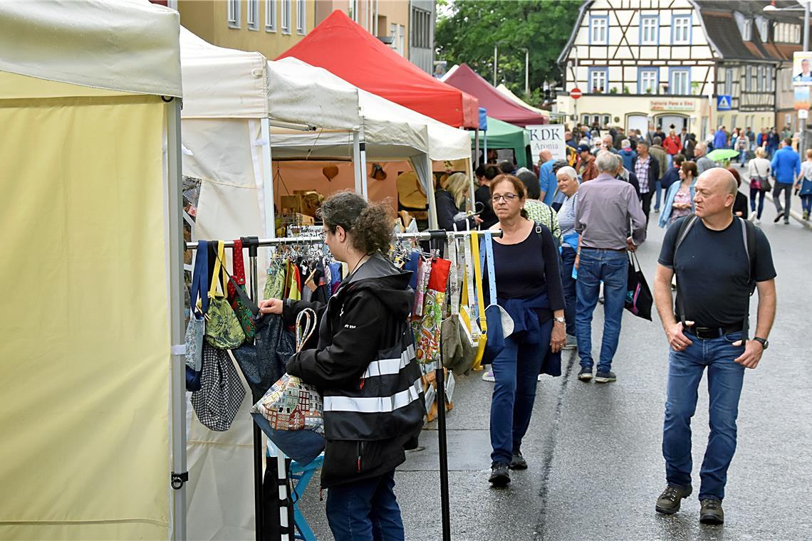 Bunte Pavillions schützen die regionale Ware gut vor dem Regen. Naturparkmarkt i...