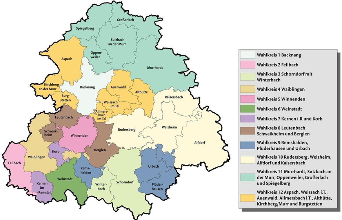 Zwei Mandate mehr als bei der Wahl 2014 Bunter Flickenteppich: Wahlkreiseinteilung für den Rems-Murr-Kreis zur Kreistagswahl im nächsten Jahr. Grafik: Landratsamt