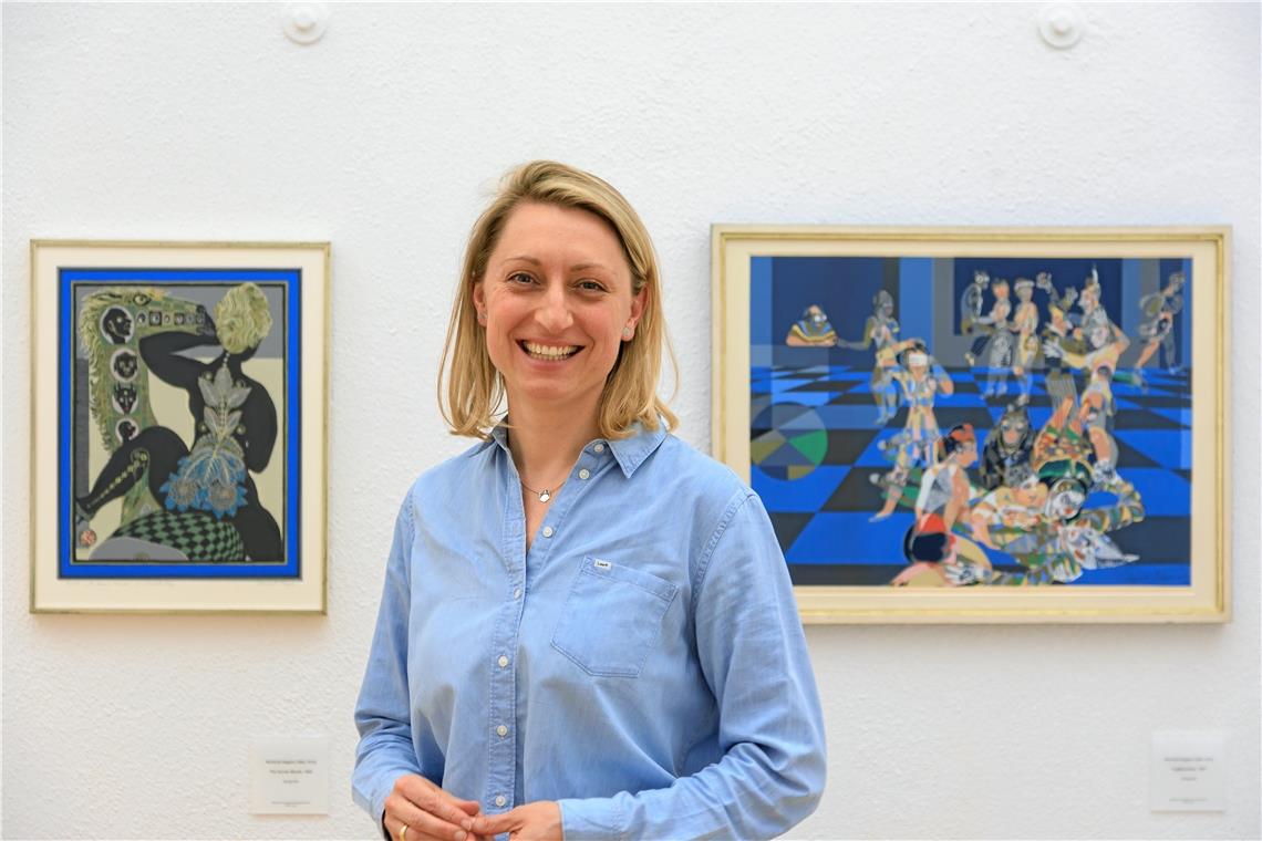 Vom ersten Erzählstück bis zum Spätdruck Carolin Wurzbacher vor zwei Werken Reinhold Nägeles, bei denen ein flächigeres Arbeiten und Einflüsse aus seiner Zeit in den USA aufscheinen.
