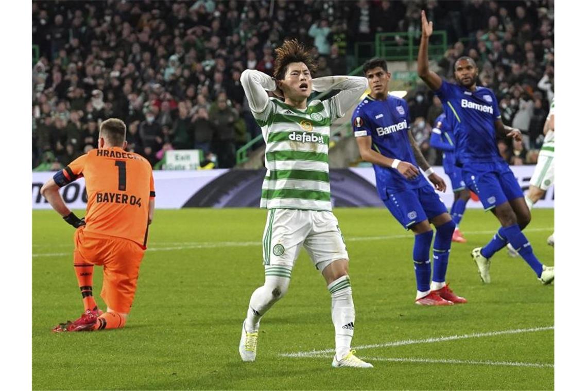 Leverkusen feiert Sieg bei Celtic - Wirtz trifft weiter Celtics Kyogo Furuhashi trauert einer vergebenen Chance nach. Foto: Andrew Milligan/PA/AP/dpa