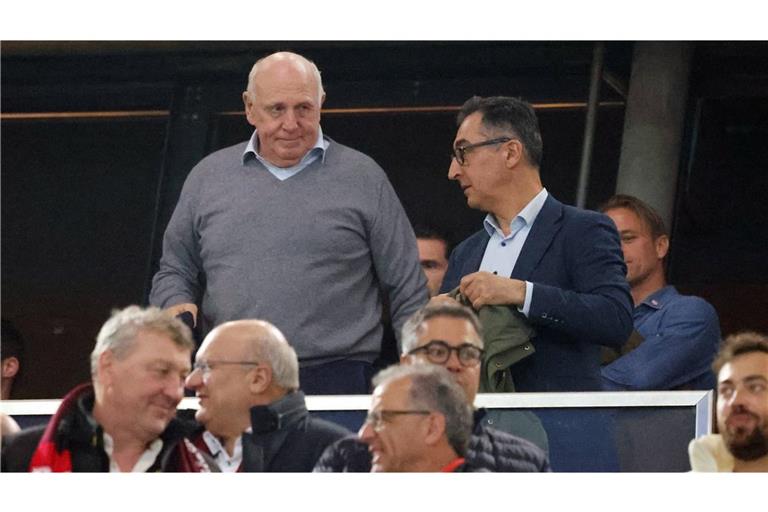 Cem Özdemir – ausnahmsweise ohne Schal, aber mit Dieter Hoeneß – am Donnerstagabend auf der Haupttribüne.