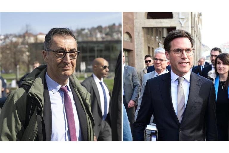 Cem Özdemir und Manuel Hagel in den vergangenen Wochen auf dem Weg zu Sondierungsgesprächen. Nach Ostern soll es weitergehen.