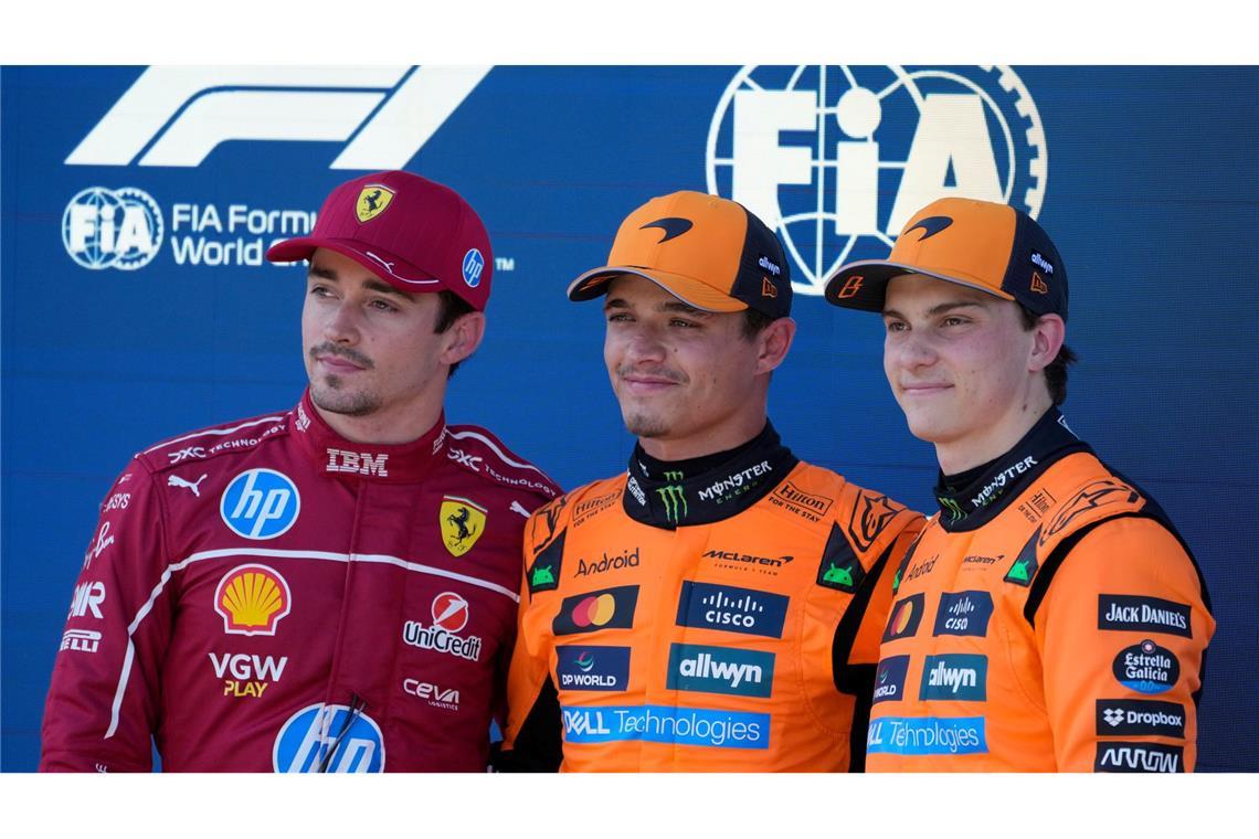 Charles Leclerc (l-r), Lando Norris und Oscar Piastri wollen in Spielberg siegen.