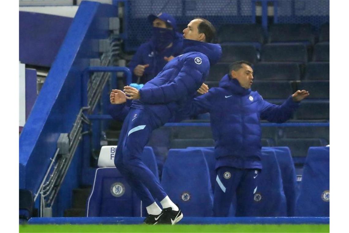 Chelseas Trainer Thomas Tuchel war an der Seitenlinie engagiert bei der Sache. Foto: Richard Heathcote/PA Wire/dpa