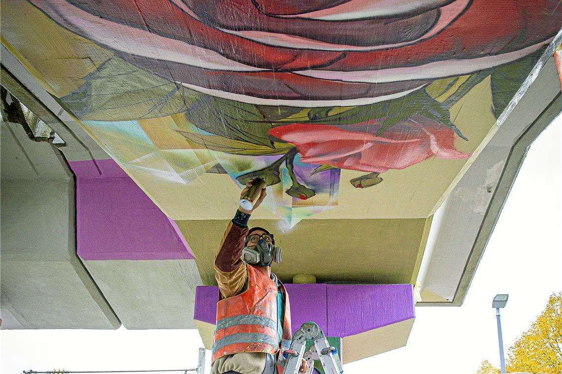 Bahnhof Oppenweiler wird zum Kunstwerk Christoph „Jeroo“ Ganter arbeitet seit einigen Tagen am Bahnhof Oppenweiler. Durch die bunten Motive soll der Ort vom Angst- zum Kunstraum werden. Foto: Alexander Becher