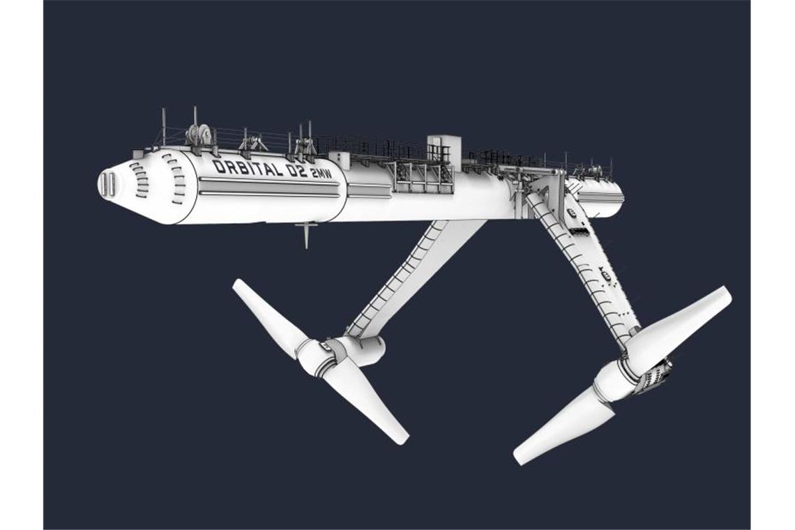 Turbinen für Orkney-Inseln - EU fördert Gezeitenstrom Computergrafik des schwimmenden Gezeitenkraftwerks „Orbital O2“, das demnächst vor der Küste der schottischen Orkney-Inseln in Betrieb gehen soll. Foto: -/Orbital Marine Power Ltd./dpa