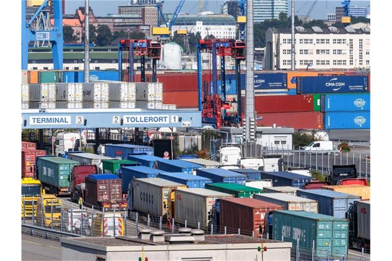Container am Hamburger Hafen: Es wird damit gerchnet, dass vor allem in der Chemie- und der Autoindustrie die Exporte langsamer wachsen als erhofft. Foto: Markus Scholz/dpa/Symbolbild