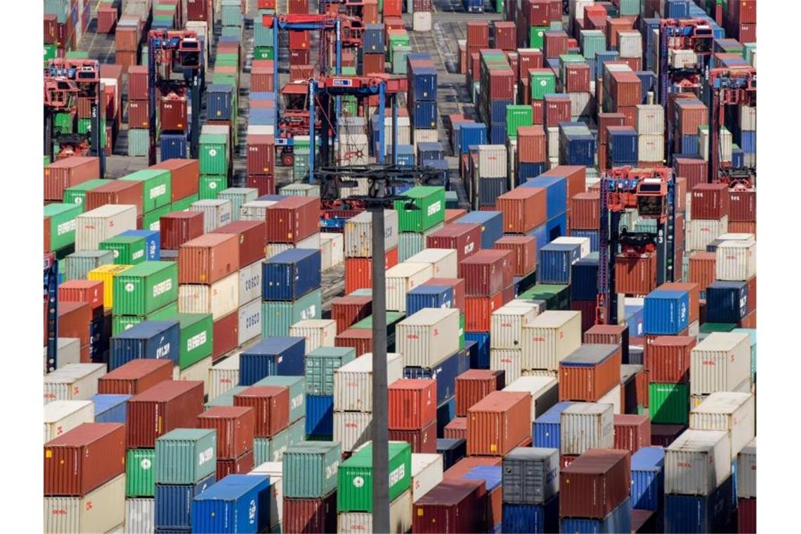 Container liegen zur Abfertigung am Containerterminal Tollerort im Hamburger Hafen. Foto: Axel Heimken/dpa