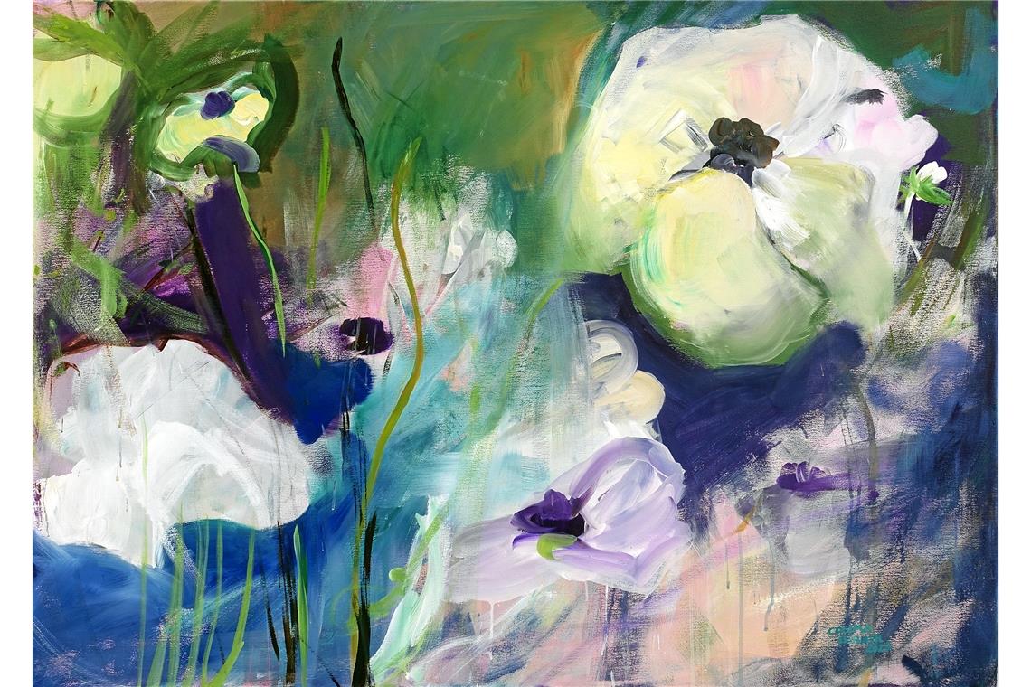 Neuer Kopf in der Backnanger Künstlergruppe Cosima Gerner arbeitet bevorzugt großformatig. Ihr Bild „Blühende Vorboten“ (Acryl auf Leinwand) misst etwa 100 mal 140 Zentimeter. Viele Werke sind noch größer. Foto: Cosima Gerner