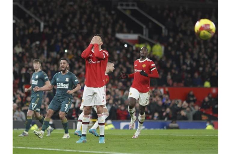 Cristiano Ronaldo verschoss im Spiel gegen den FC Middlesbrough einen Elfmeter. Foto: Jon Super/AP/dpa