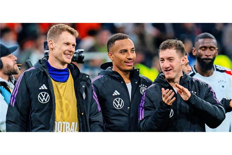 Da waren es nur noch drei vom VfB in der Nationalmannschaft: Alexander Nübel, Jamie Leweling und Angelo Stiller (von links)