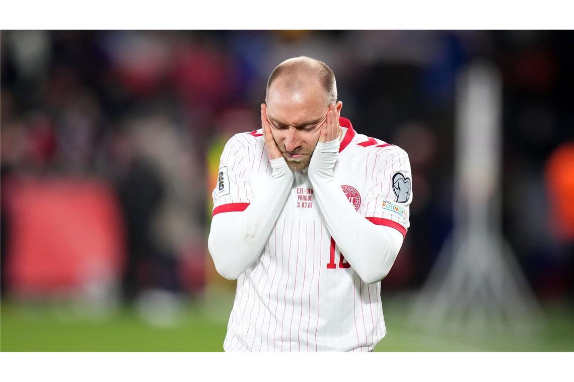 Dänemarks Christian Eriksen reagiert am Ende des WM-Qualifikationsendspiels.