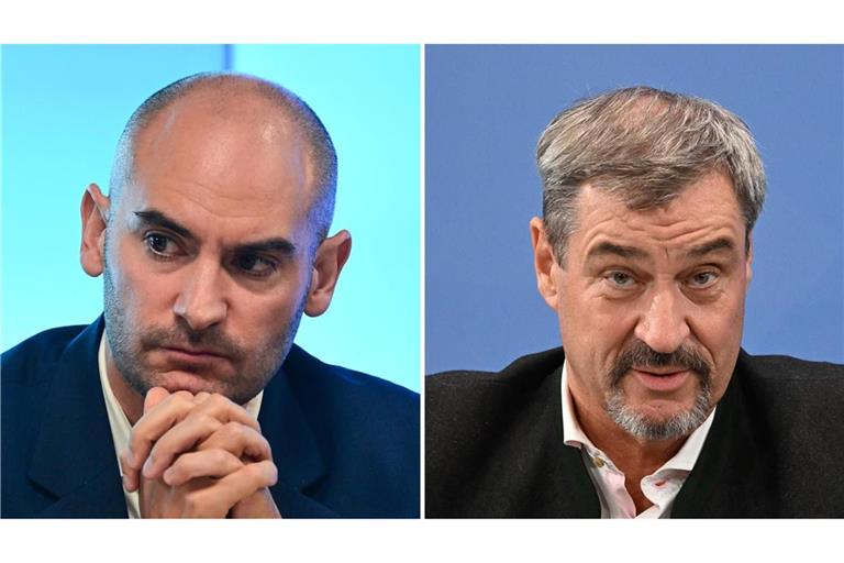 Danyal Bayaz (links) unterstellt, dass Markus Söder (rechts) kein echtes Interesse an Basketball hat.