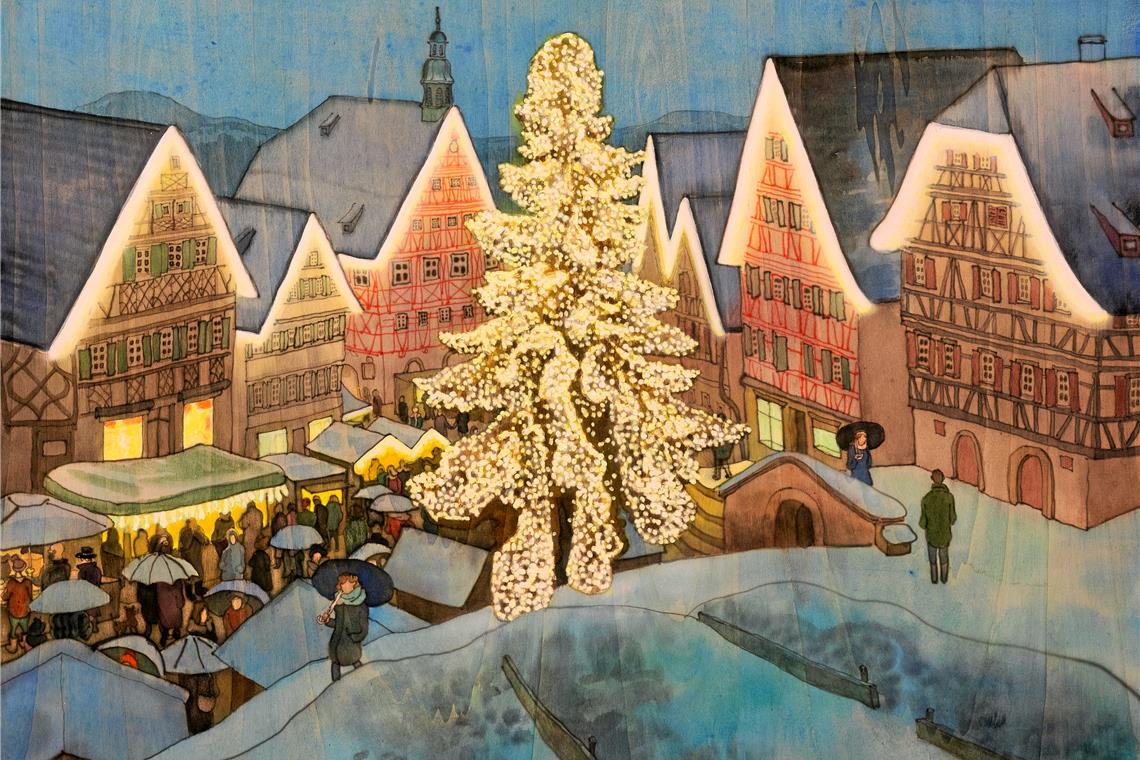 Arthur Metz aus Frankreich stellt in der Galerie in Backnang aus Das Bild vom Backnanger Weihnachtsmarkt hat Metz eigens für die Schau angefertigt.