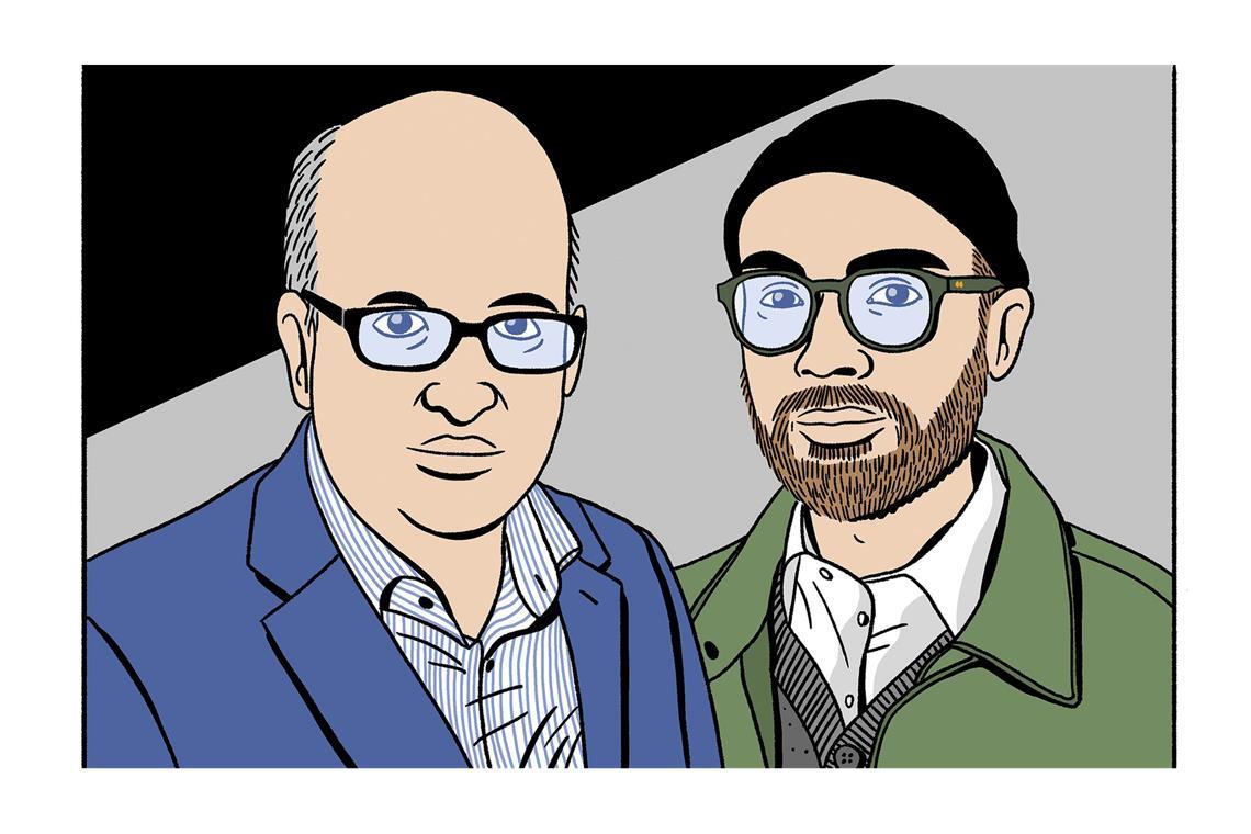 Kolossaler Karl-Comic: Lagerfelds Leben als Graphic Novel Das Bild zeigt Alfons Kaiser und Simon Schwartz, gezeichnet von Schwartz.