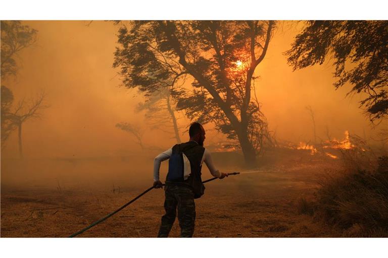 Das Bild zeigt einen Brand in Krioneri nahe Athen Ende Juli. Im Südosten von Athen ist ein großer Waldbrand außer Kontrolle geraten. (Archivbild)