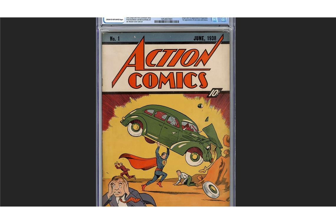 Das Comic-Heft zeigt auf dem Cover Superman in Spandexhosen mit einem roten Cape.