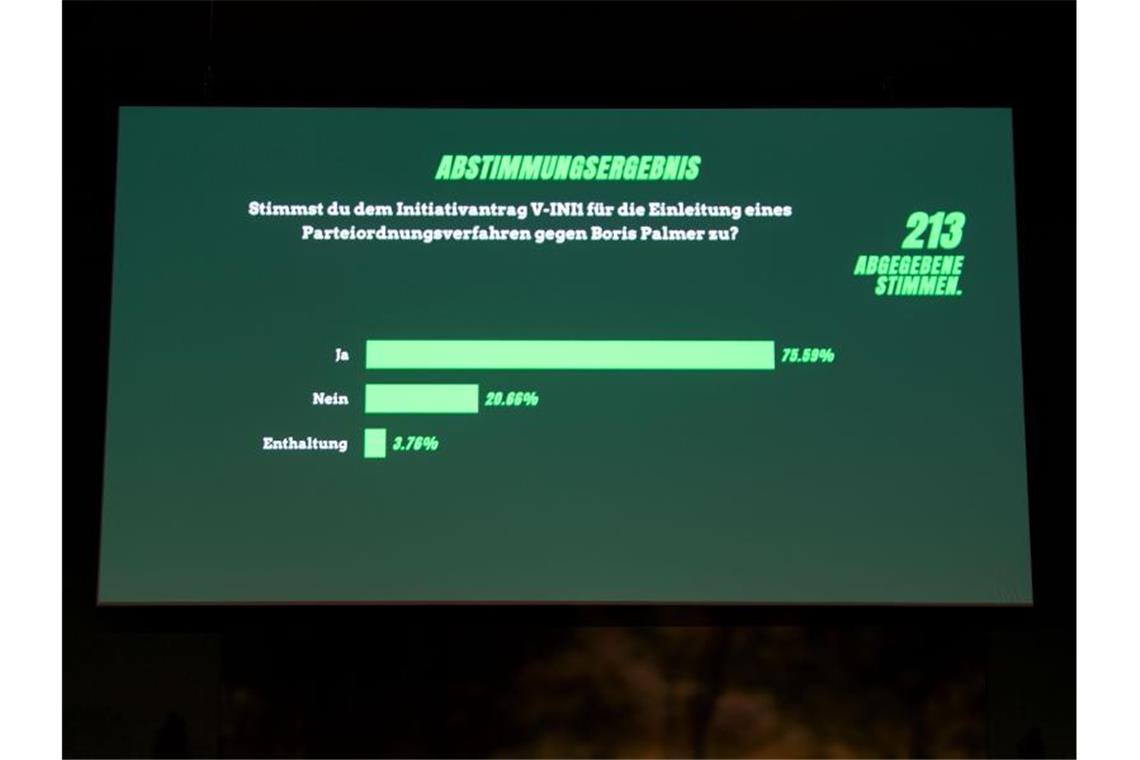 Grüne leiten Ausschlussverfahren gegen Boris Palmer ein Das Ergebnis der Abstimmung über das Verfahren gegen Boris Palmer wird beim Online-Parteitag der Grünen in Baden-Württemberg eingeblendet. Foto: Marijan Murat/dpa