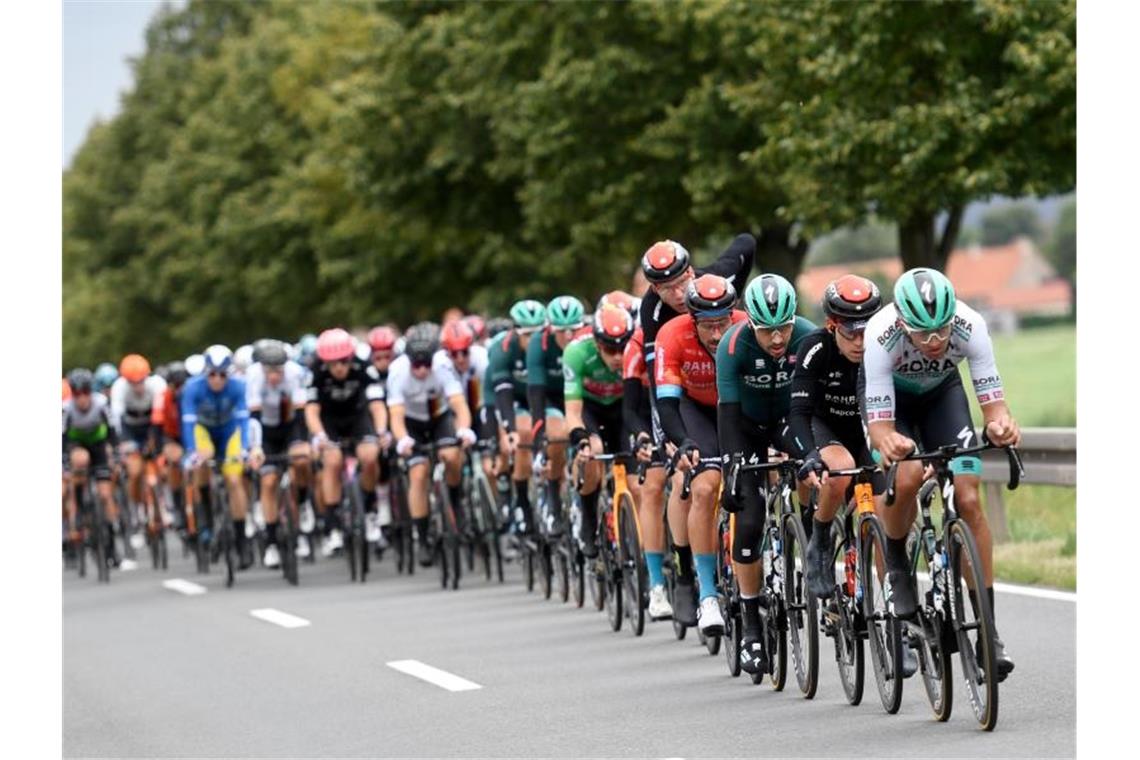 Das Fahrerfeld auf der zweiten Etappe der Deutschland Tour. Foto: Bernd Thissen/dpa