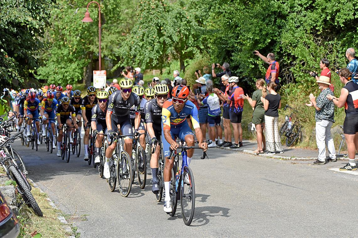 Das Feld der Deutschland-Tour 2024 nach dem Anstieg in Liemersbach.Archivfoto: Tobias Sellmaier