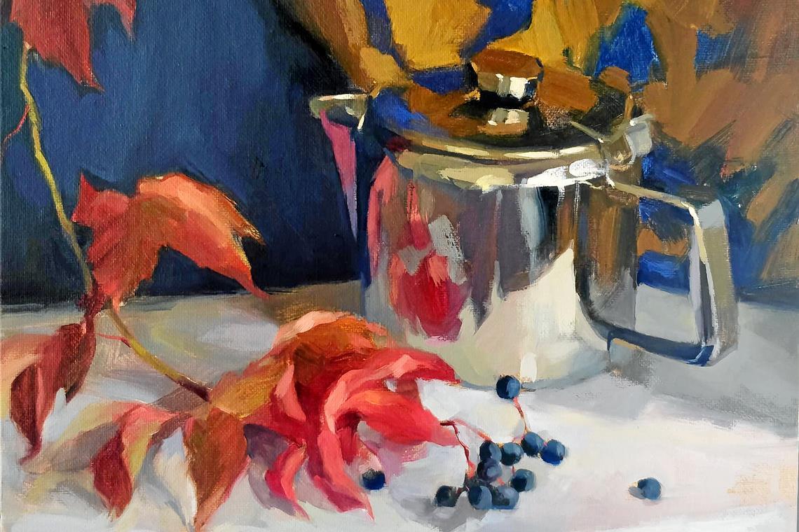 Gemeinsamer Kunstgenuss bei Tee und Scones Das Gemälde „Autumn Reflections“ von Künstlerin Svetlana Gavrisheva ist ebenfalls Teil der Ausstellung im Teegeschäft Teatime. Foto: privat