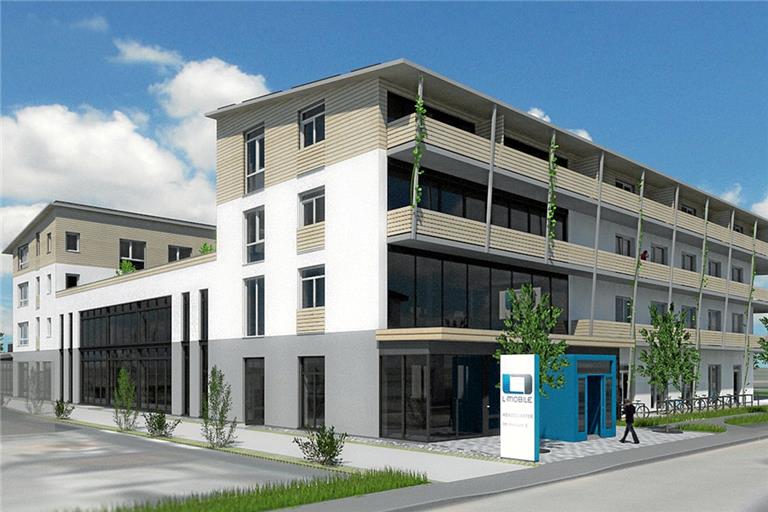 Das geplante neue Hauptquartier der Firma L-Mobile Im Horben in Sulzbach: Ins Erdgeschoss kommt die Produktausstellung, darüber werden die Büros liegen und unter dem Dach sind Apartments für die Mitarbeiter geplant. In dem Verbindungsstück mittig der beiden dreistöckigen Gebäudetrakte wird ein Veranstaltungssaal eingerichtet. Foto: L-Mobile