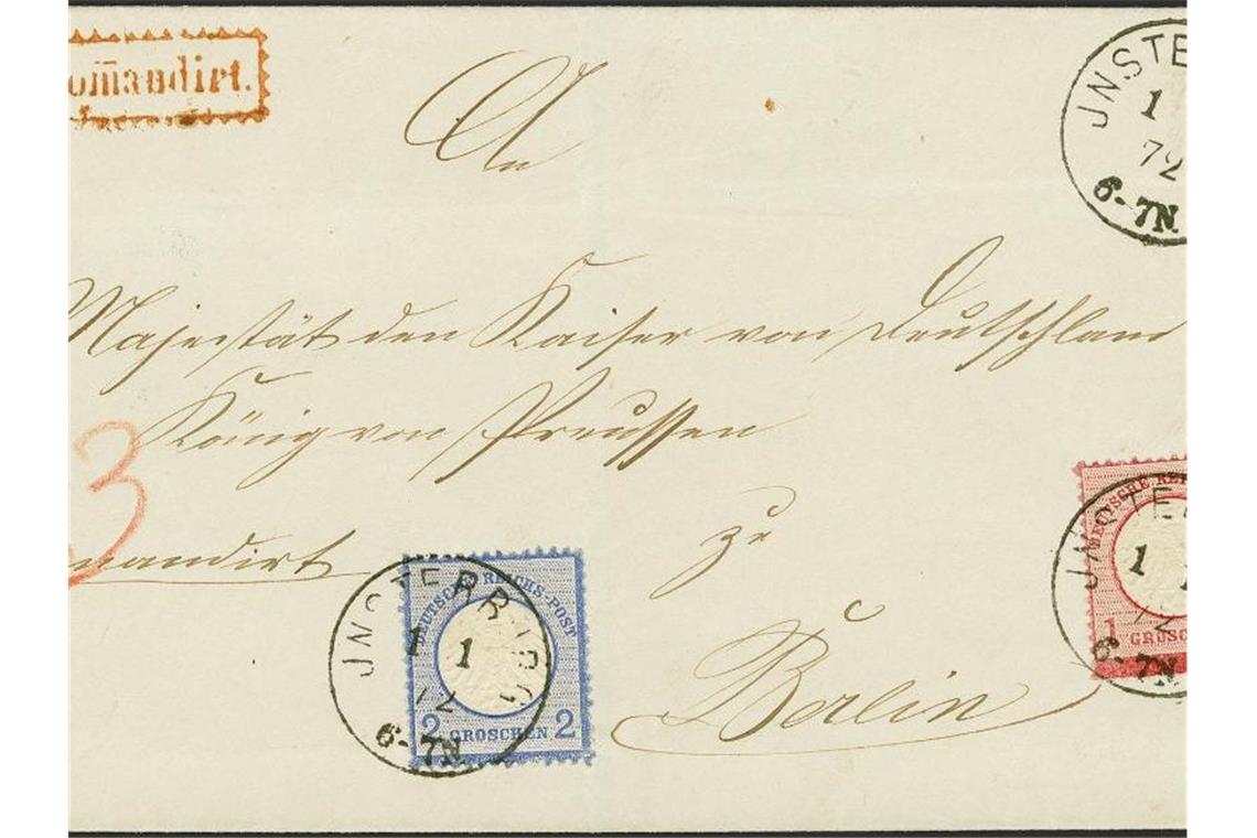 Brief mit Lübecker Briefmarke für 430 000 Euro versteigert Das Handout zeigt einen Brief an Kaiser Wilhelm. Foto: --/Fauth Gundlach & Hübl/dpa