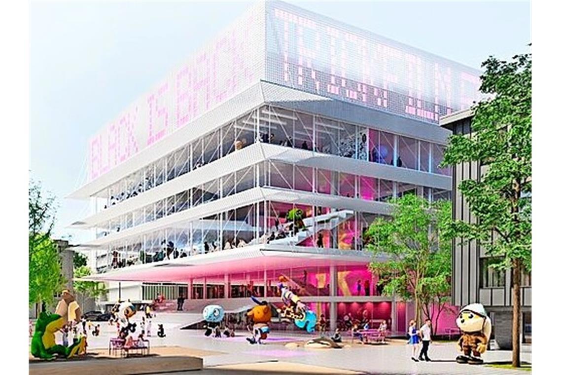 Das Haus für Film und Medien soll eine transparente Fassade und ein Leuchtband auf dem Dach erhalten.