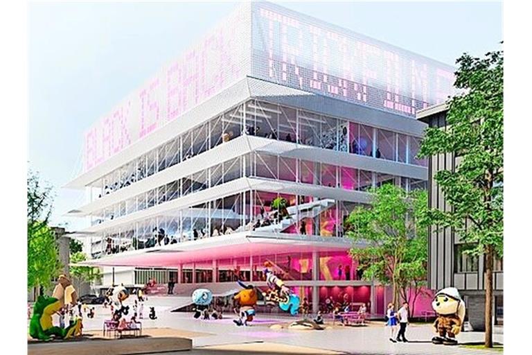 Das Haus für Film und Medien soll eine transparente Fassade und ein Leuchtband auf dem Dach erhalten.