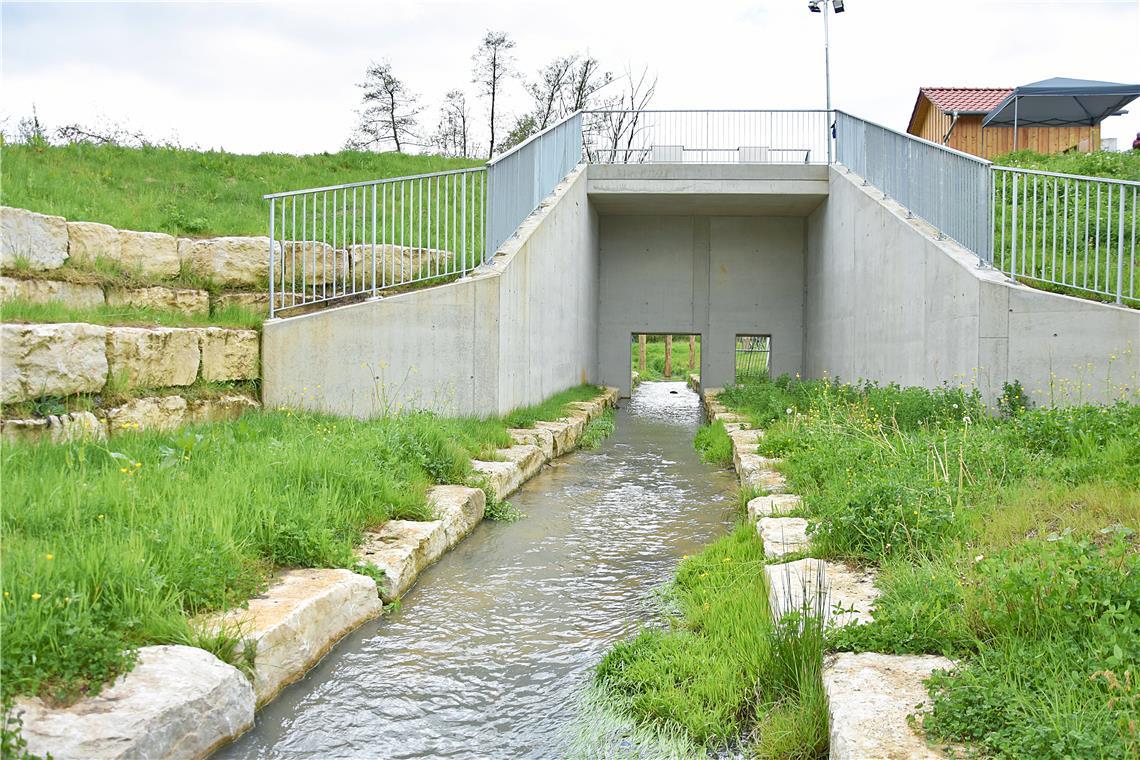 Rückhaltebecken in Weissach im Tal ist eingeweiht Das Hochwasserrückhaltebecken am Gruppenbach soll bei zukünftigen Hochwassern fpr mehr Sicherheit sorgen. Foto: Tobias Sellmaier