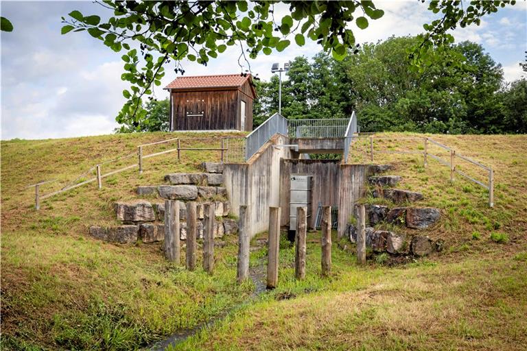 Das Hochwasserrückhaltebecken Lohwiesenbach nahe dem Wohngebiet Reutle habe am ersten Juniwochenende seinen Zweck erfüllt, sagt die Allmersbacher Bürgermeisterin Patrizia Rall. Foto: Alexander Becher