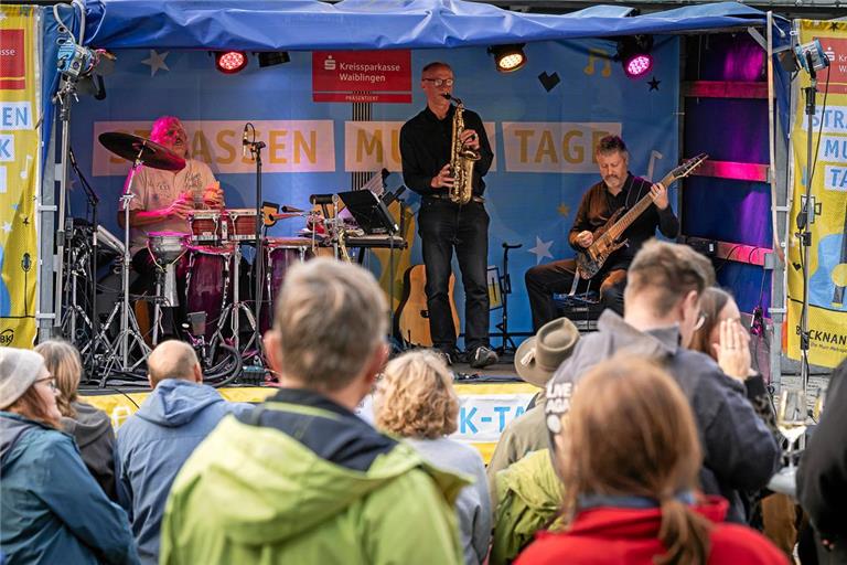 Das Instrumentaltrio Zwischenwelten spielt bei der letzten Veranstaltung der diesjährigen Straßenmusiktage auf dem Backnanger Obstmarkt. Foto: Alexander Becher