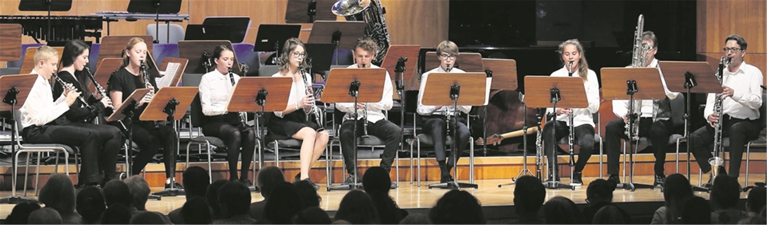 Das Klarinettenensemble unter der Leitung von Volkmar Schwozer: Auftritt beim Jahreskonzert der Jugendmusikschule Backnang im Backnanger Bürgerhaus. Foto: A. Becher