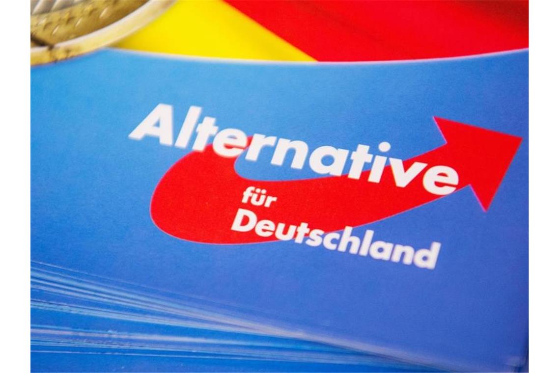 AfD will an umstrittener Meldeplattform festhalten Das Logo der AfD erscheint auf einem Flyer. Foto: Christophe Gateau/dpa/Archivbild