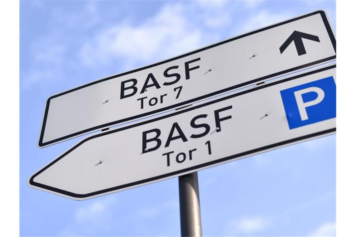 Das Logo von BASF an einem Wegweiser auf dem Firmengelände. Foto: Uwe Anspach