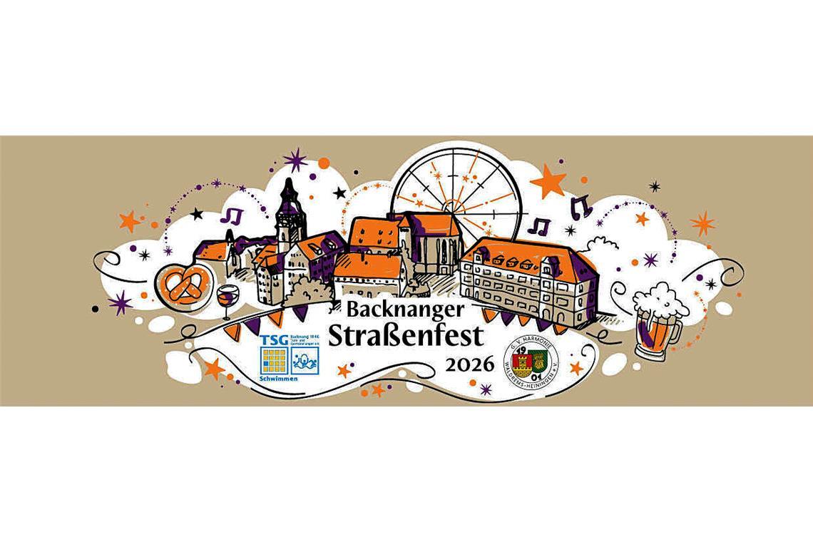 Das Motiv zeigt die Backnanger Innenstadt als handgezeichnetes Stadtbild mit loc...