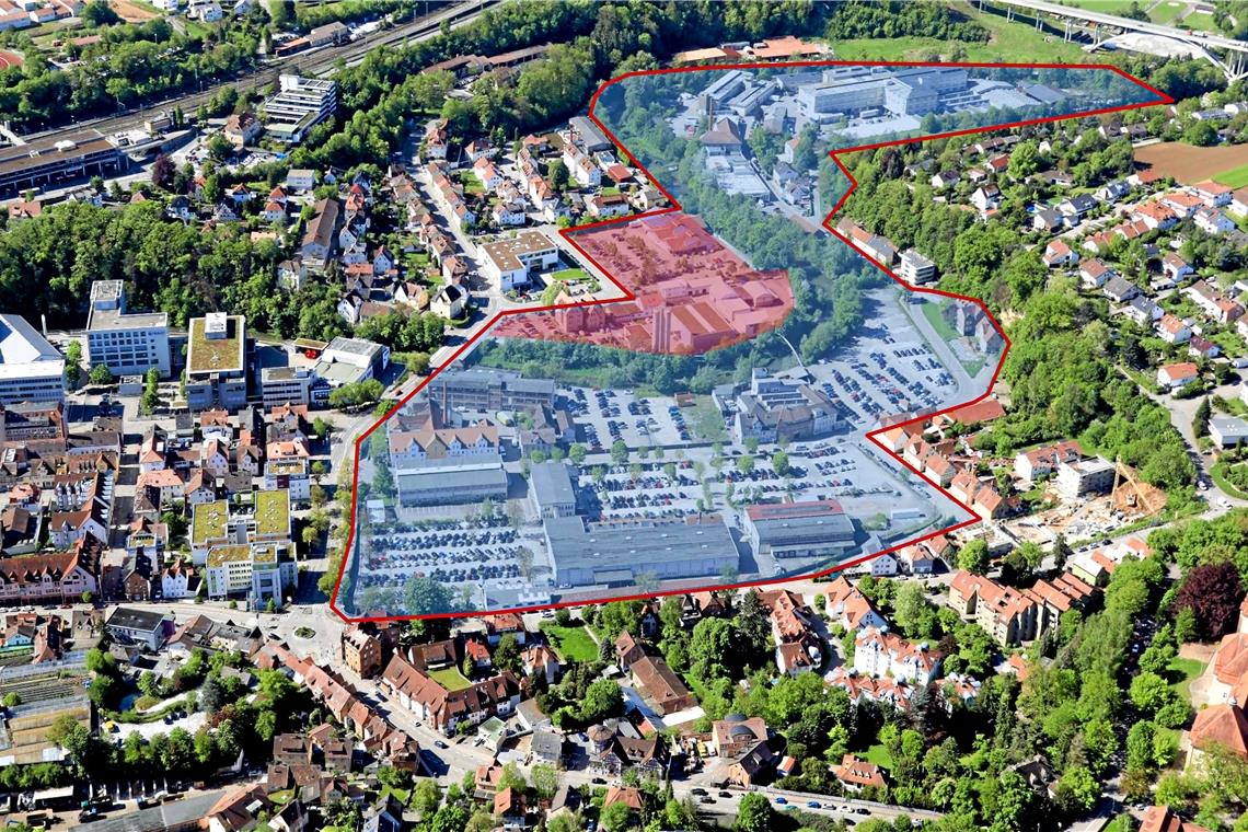 Das Plangebiet für den IBA-Wettbewerb wurde noch einmal erweitert und umfasst nun auch das Gelände der Stadtwerke und den benachbarten Aldi-Markt (rot unterlegt).Foto: Stadtplanungsamt
