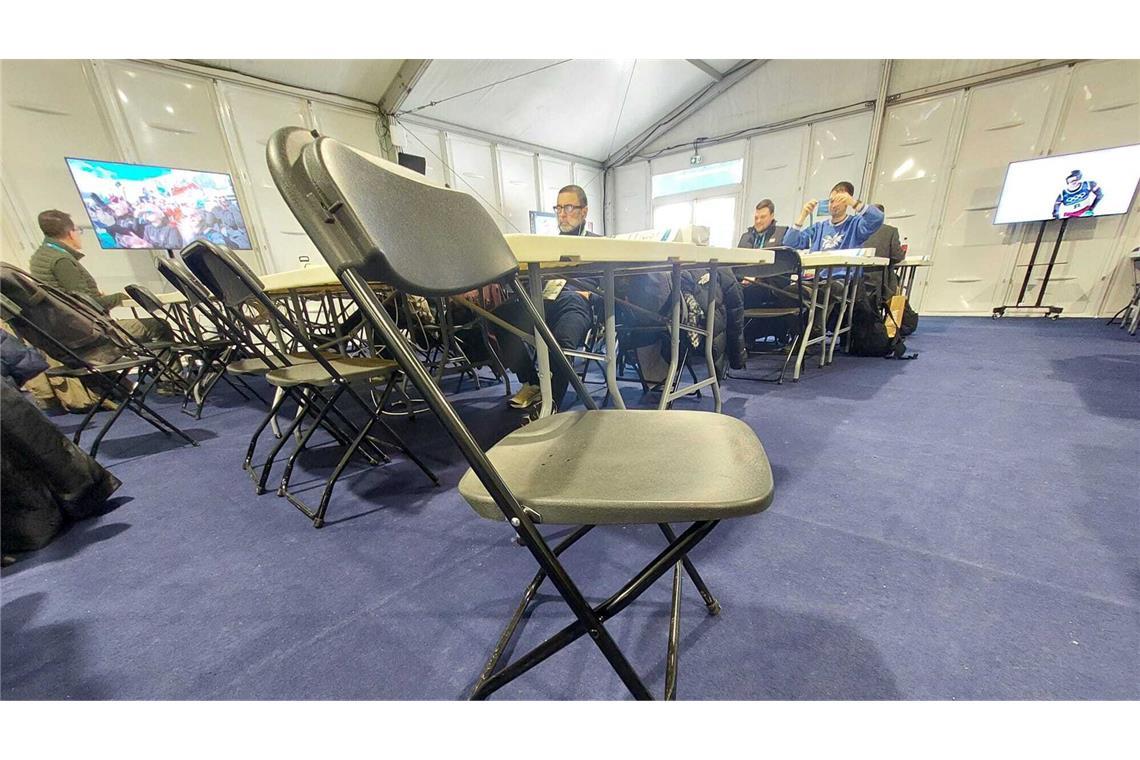 Das Pressezentrum in Cortina d’Ampezzo – samt Klappstuhl.