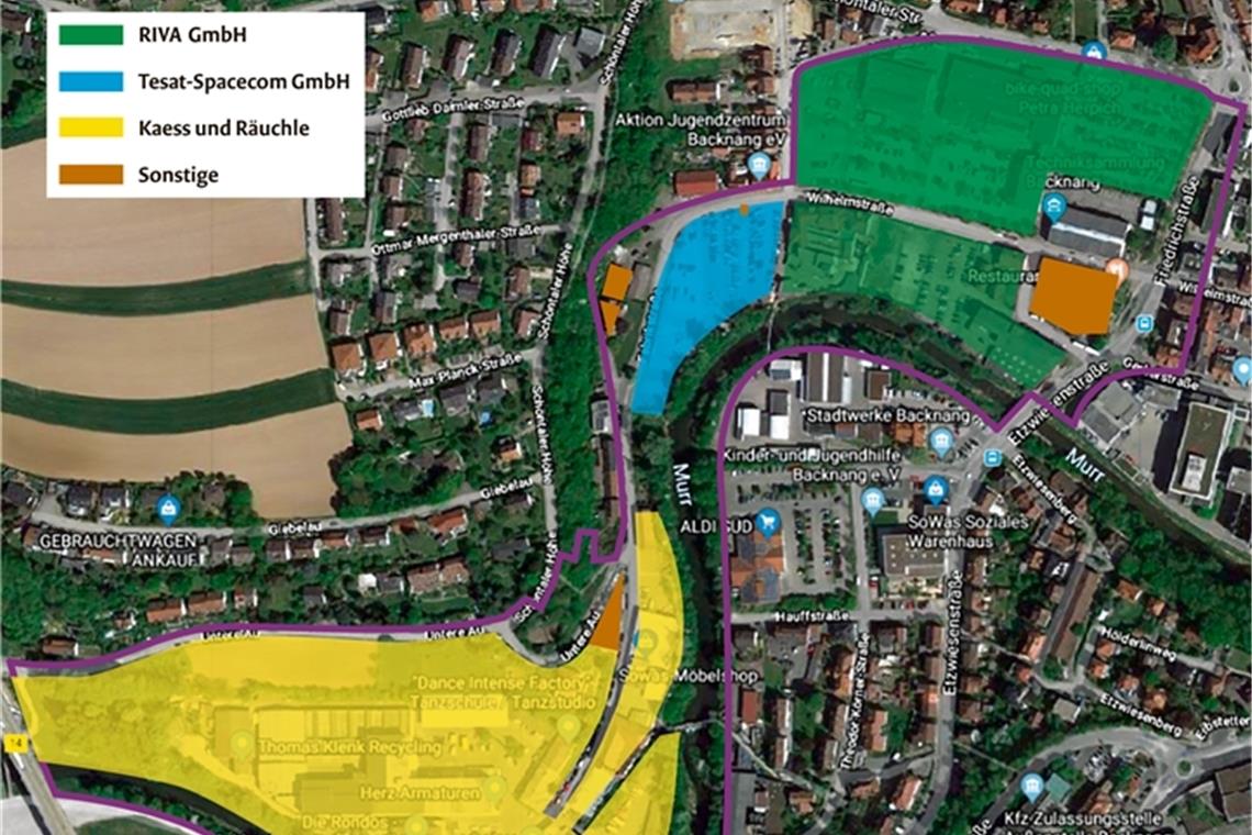 Das Quartier West, mit dem sich die Stadt Backnang für die Internationale Bauausstellung 2027 bewirbt, umfasst insgesamt 15 Hektar und reicht von der Friedrichstraße bis zum Murrtalviadukt.Karte: Google Maps/Bearbeitung: J. Bauer