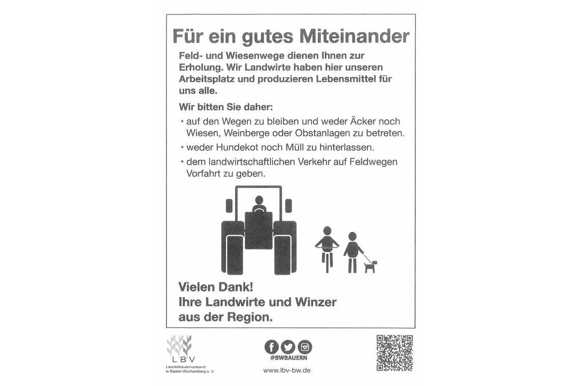 Benimmregeln in Wald und Flur angemahnt Das Schild des Landesbauernverbands wirbt für Verständnis. Grafik: Landesbauernverband