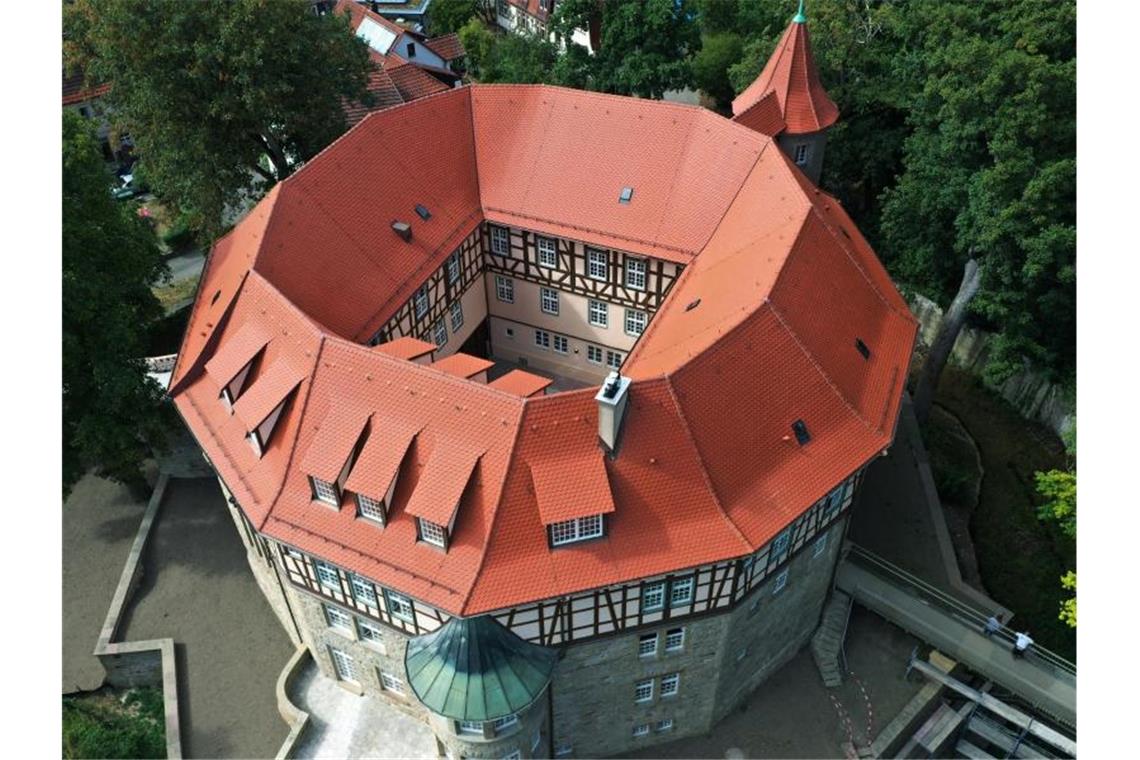 Das Schloss Sachsenheim, ein Wasserschloss mit einem einzigartigen zwölfeckigen Satteldach, ist zu sehen. Foto: Alfred Drossel/dpa/Archivbild