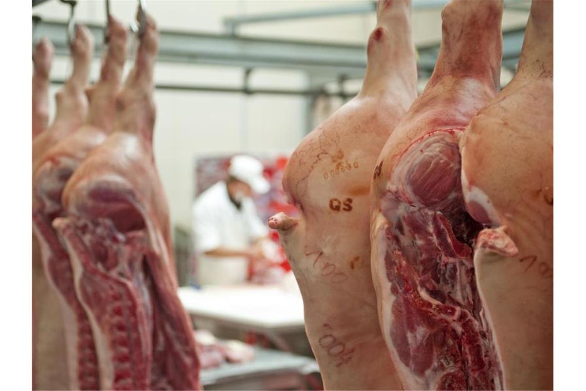 Das Symbolfoto zeigt Schweinehälften in einer Großfleischerei. Foto: Hendrik Schmidt/dpa-Zentralbild/dpa