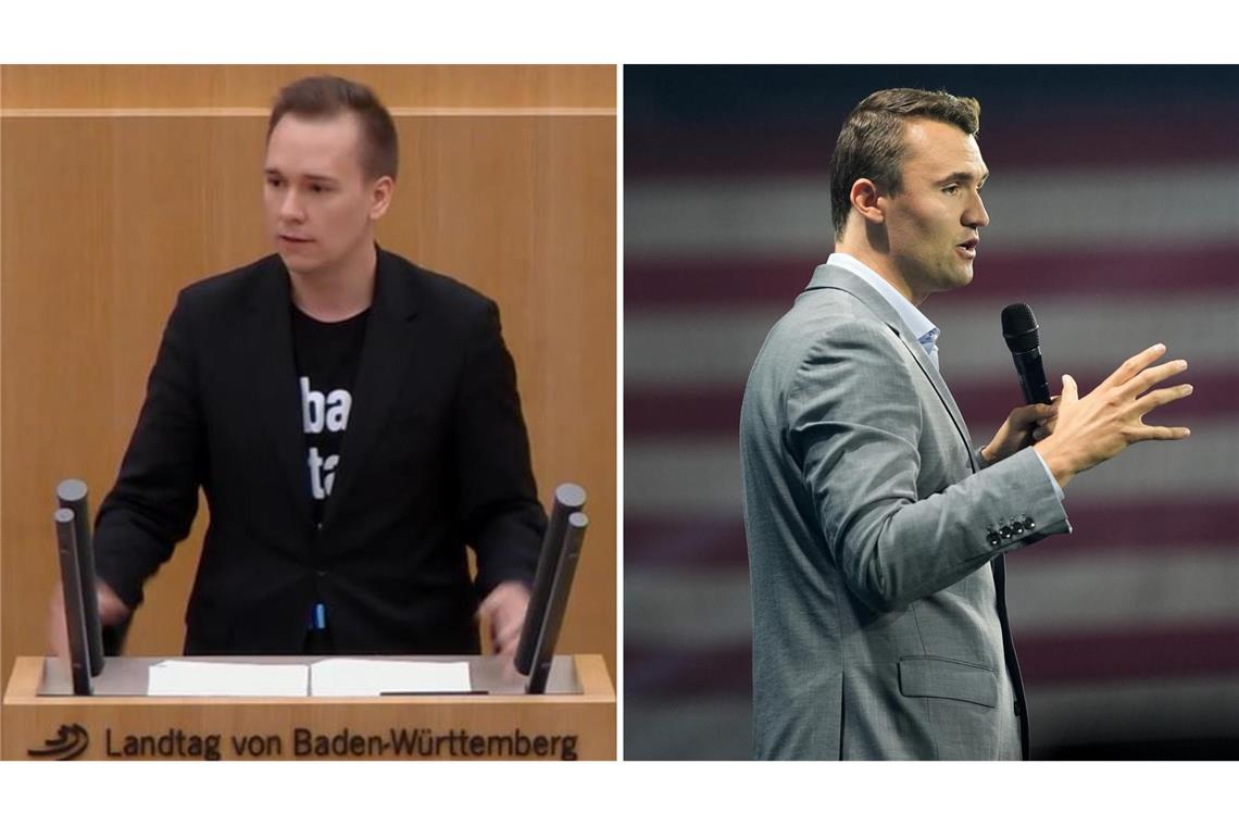 AfD-Abgeordneter provoziert im Landtag mit „Charlie Kirk“-Shirt Das T-Shirt, mit dem Daniel Lindenschmid (links) im Landtag auf den erschossenen Charlie Kirk (rechts) anspielte, musste der AfD-Abgeordnete im Plenarsaal verdecken.