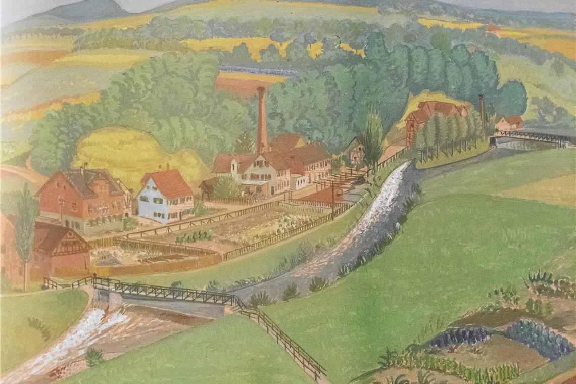 Werke von Reinhold Nägele im Backnanger Helferhaus Das Temperagemälde „Murrlandschaft mit Lohmühle und Lederfabrik“ von 1913 zeigt das heutige IBA-Areal entlang der Fabrikstraße im Backnanger Westen. Fotos: Alexander Becher
