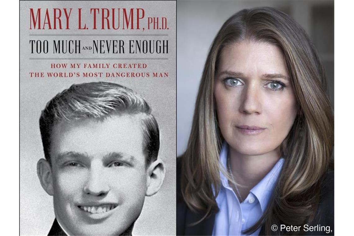 Das Titelbild des Enthüllungsbuches „Zu viel und nie genug - Wie meine Familie den gefährlichsten Mann der Welt geschaffen hat“ und ein Porträt der Autorin Mary L. Trump. Foto: Uncredited/Simon & Schuster/AP/dpa