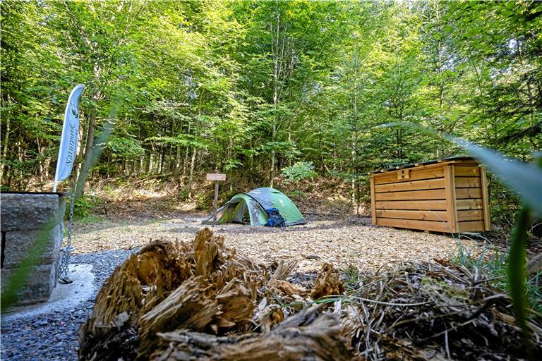 Das Trekkingcamp liegt mitten im Wald. Das Zelt lässt sich auf mit Holzhackschnitzeln präparierten Plätzen aufschlagen. Den Grill (links) und das Holzlager (rechts) darf man wegen der Waldbrandgefahr aber zurzeit nicht nutzen.