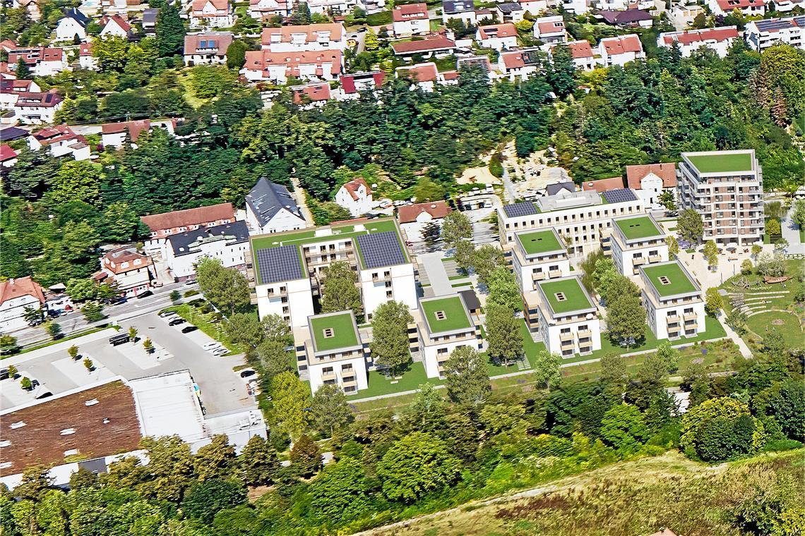 Startschuss für die Backnanger Murrterrassen Das u-förmige Gebäude mit Pflegestift Backnang (links) steht bereits. Jetzt werden in der Oberen Walke sechs weitere Häuser und ein Büro- und Dienstleistungszentrum entlang der Gartenstraße gebaut. Bei dem achtstöckigen Gebäude rechts daneben handelt es sich bereits um den dritten Bauabschnitt, der wohl erst nach 2027 angegangen werden soll. Visualisierung: Dibag