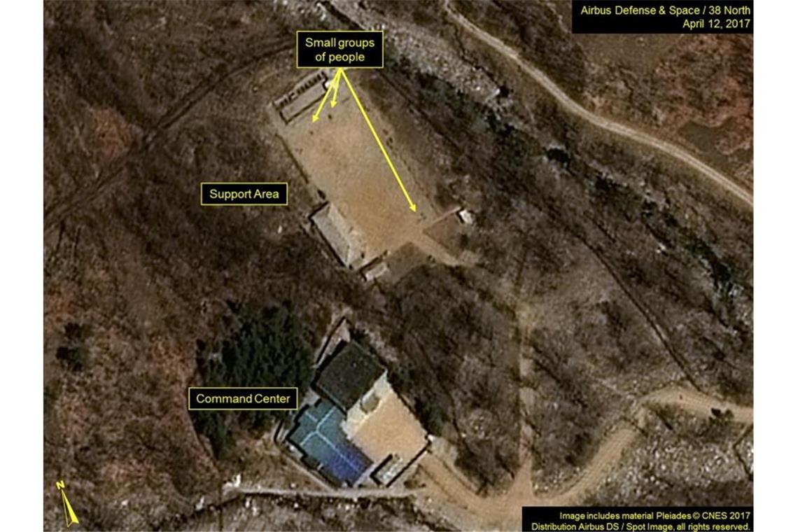 Das von „Airbus Defense & Space“ und der Internetseite „38 North“ am 12.04.2017 veröffentlichte Satellitenfoto zeigt das Atomwaffen-Testgelände in Punggye-ri im gebirgigen Nordosten von Nordkorea. Foto: Pleiades CNES/Airbus DS/38 North/Spot Image