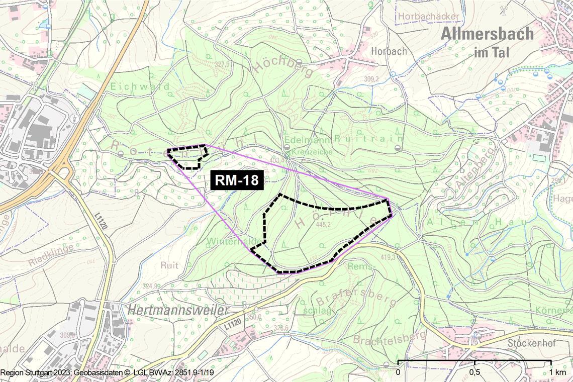 Das Vorranggebiet mit der Bezeichnung RM-18 hat eine Gesamtgröße von 29 Hektar. Auf den schwarz markierten Flächen sollen insgesamt drei Windräder gebaut werden, zwei im östlichen, eines im westlichen Bereich. Karte: Verband Region Stuttgart